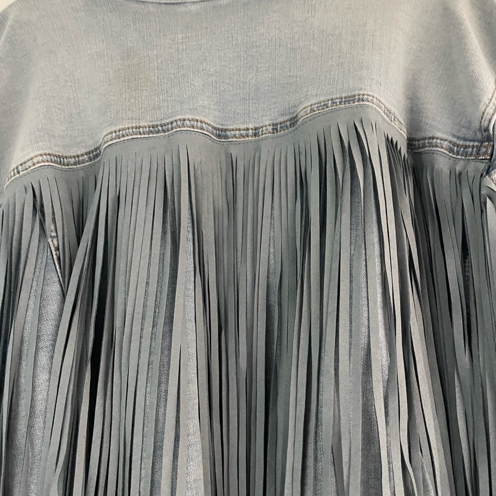 Fashion to Figure Light Blue Fringe Denim Trucker Jacket - Picture 6 of 8
